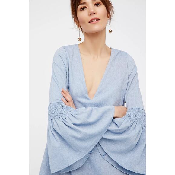 Free People Chambray Flare Sleeve Mini Dress Romper Womens XS Deep V Playsuit - Picture 3 of 10